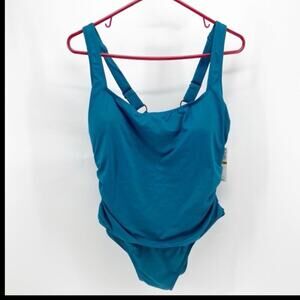 Anne Cole Square Neck Shirred One Piece modest conservative teal size 16W